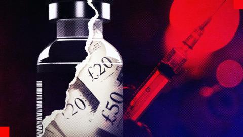 A graphic of a glass botox bottle, with an edited overlay of banknotes over the top of it, in the background there is an edited image of a syringe. 