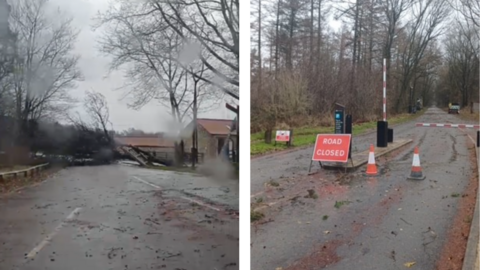 Two pictures showing storm damage. On the left trees and debris block a road. On the right a sign and orange cones show a road closure.