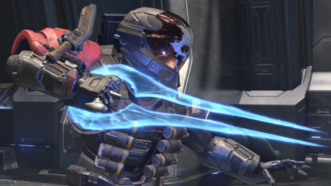 A Halo Spartan character lunges with an energy sword