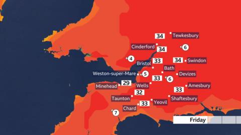A map shows red spots across the south-west of England as temperatures are set to soar to 34C.