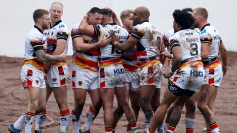 Matty Gee (third from left) celebrates with Bradford Bulls team-mates