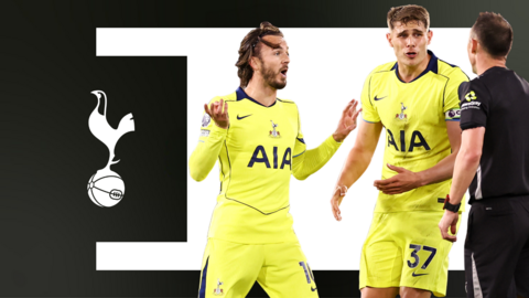 James Maddison and Micky van de Ven remonstrating with the referee, in front of a white and black background and the Tottenham club badge