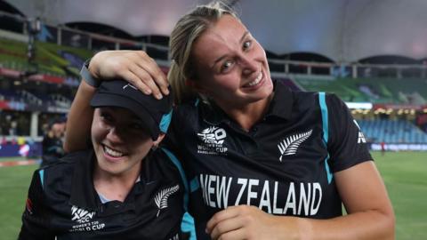 New Zealand's Georgia Plimmer (left) and Fran Jonas (right) celebrate beating Pakistan at the Women's T20 World Cup