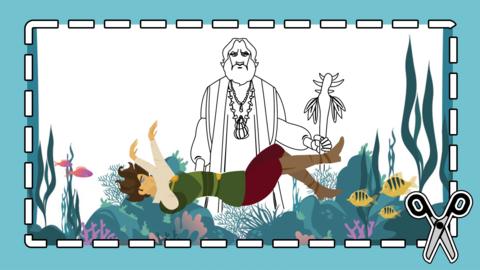Cartoon of someone sinking to the bottom of the sea with a line drawing of Prospero.