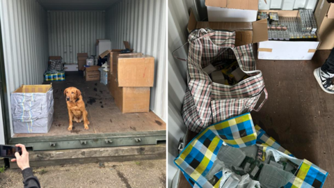 Composite image. Left - light brown sniffer dog sitting in an open shipping container in front of boxes of illegal cigarettes and tobacco. Right - overhead picture of open boxes of contraband