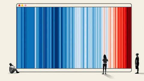 Three people standing next to a striped chart going from blue to red