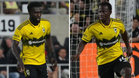 Derrick Jones and Yaw Yeboah split picture, showing both in Columbus Crew's yellow and white kit in match action