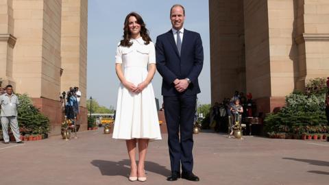 The Duke and Duchess of Cambridge pose for a picture at Indian Gate Memorial in New Delhi