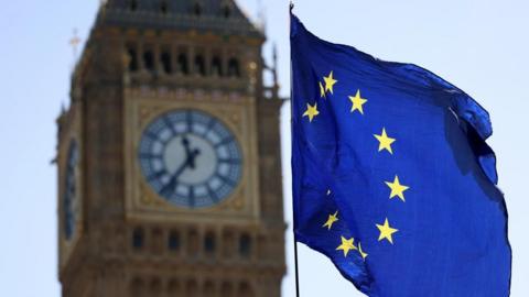 A picture of an EU flag in front of Big Ben