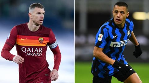 Roma's Edin Dzeko and Alexis Sanchez of Inter Milan