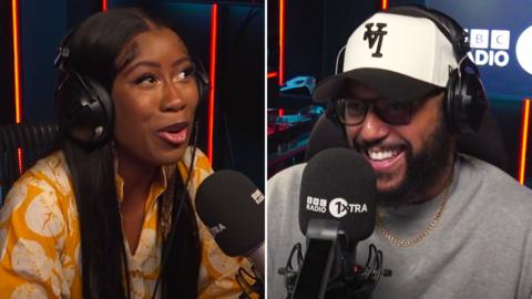 A split image of a woman and a man in a radio studio.
© BBC