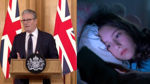 Composite image to the right is Keir Starmer, dressed in suit at podium in Downing Street to the left is a young girl looking illuminated by the light of a mobile phone whilst lying in bed. 