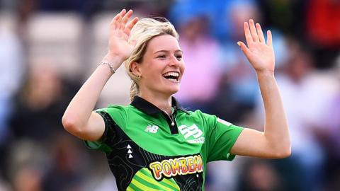 Southern Brave pace bowler Lauren Bell celebrates taking a wicket