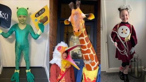 Three pictures of four children dressed up for World Book Day. (L-R) A child dressed as Oi Frog in a green leotard, green swimming cap and green rubber gloves on their hands and feet, two children dressed as a pelican and a giraffe and a girl dressed as a borrower. 