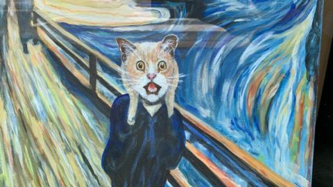 Edvard Munch's The Scream has the face replaced with a tabby cat looking shocked.