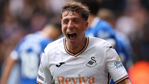 Goncalo Franco celebrates a Swansea goal earlier this season