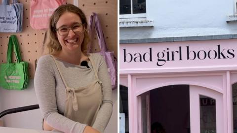 Left, a woman in dungarees smiles. Right, the pink shopfront of bad girl books.