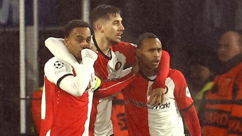 Quinten Timber, Jacob Moder and Igor Paixao of Feyenoord celebrate