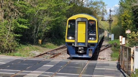 A blue and yellow passenger train at a railway level crossing