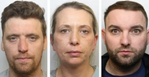 Image shows police headshots of Fraser McLeish, Samantha Haskins and Kieran Smith.