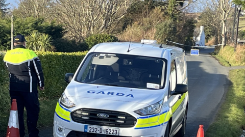 A garda officer is standing on a country road next to a garda car. Some orange cones and a road sign have been put up on the road.