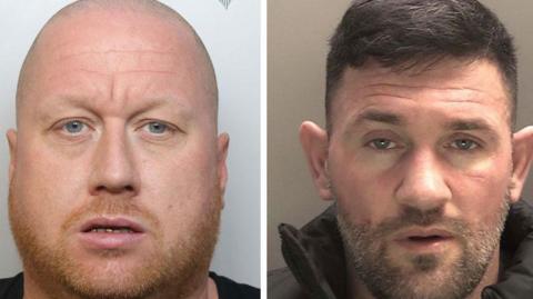 Police mugshots of Simon Upton, who has a short ginger beard, and Mark Higgins, who has short, black hair and dark, greying stubble.