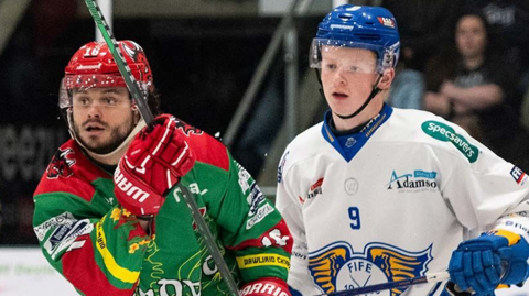Brodie Kay (right) in action for Fife Flyers against Sam Duggan of Cardiff Devils last season