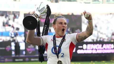 Meg Jones celebrating England's Women's Six Nations triumph