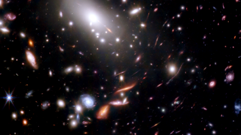 In this image from NASA’s James Webb Space Telescope, thousands of glimmering galaxies are seen within a massive galaxy cluster against the dark backdrop of Space. There is a red circle on the image signalling where the Firefly Sparkle galaxy is located within the cluster.