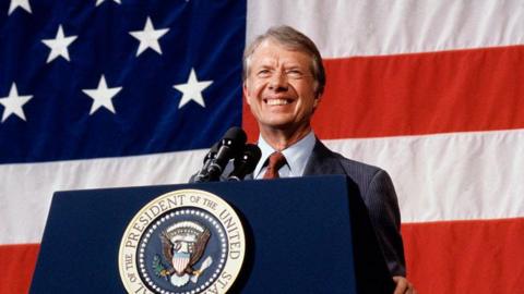 President Jimmy Carter addressing a town meeting in 1979