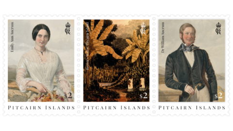 Three stamps, showing William and Emily Ancrum, dressed in Victorian clothing, and a third showing a painting of the islands.