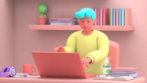 A colourful animated drawing of a man sat at a desk typing on a laptop