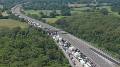An aerial shot of queuing on the M25.