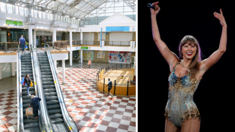 Composite image showing the interior of Whitgift Shopping Centre on the left with people going up an escalator alongside an image of Taylor Swift performing 