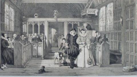 A lithograph of a Tudor scene at Ightham Mote