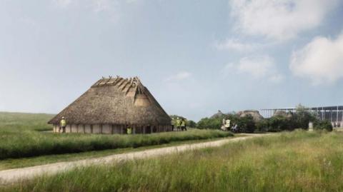 Artist's impression of the Neolithic classroom near Stonehenge. It is a house with a thatched roof sat in a field.