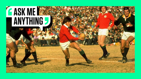 Andy Irvine playing for the British and Irish Lions with an Ask Me Anything border around him