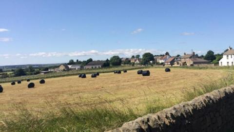 A field has been newly harvested with several bales of straw in black plastic left to be collected. Beyond the field are a number of, mainly older, houses. The blue sky above has just a few stray clouds