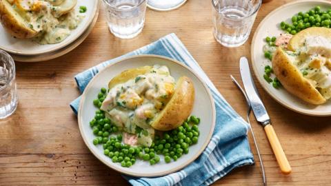Microwave fish pie jackets with peas