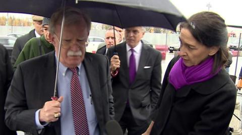US National Security Adviser John Bolton speaks to the BBC's Sarah Rainsford in Moscow