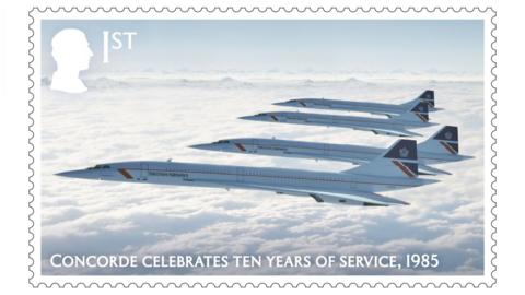 A stamps showing four Concorde planes flying together. It says Concorde celebrates ten years of service 1985 at the bottom.