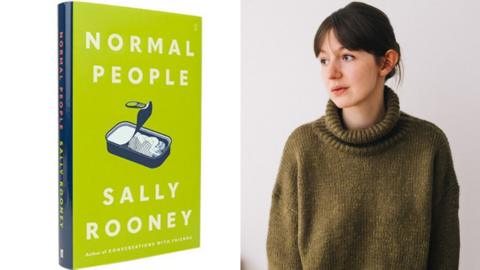 Sally Rooney beside the cover of her novel