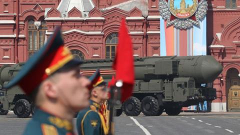 Russian military missiles roll during the main rehearsals of the military parade at Red Square, in front of the Kremlin, on 7 May 2019 in Moscow, Russia