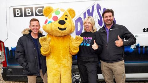 Scott Mills, BBC Children in Need mascot Pudsey Bear, Jo Whiley and Nick Knowles