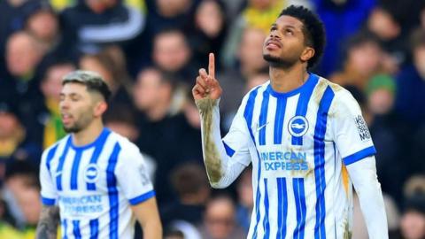 Georginio Rutter pointing to the sky after scoring for Brighton