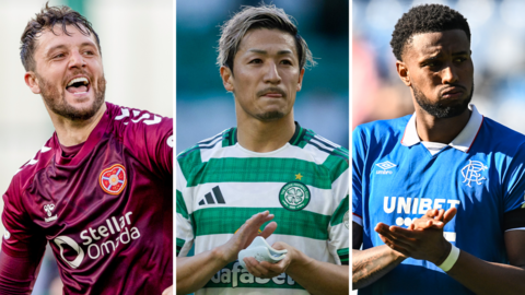 Hearts' Craig Halkett, Celtic's Daizen Maeda and Rangers' Youssef Chermiti
