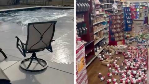 Water sloshes out of a pool with a split screen of lots of red soup cans that have fallen off a shelf