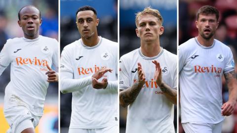 Swansea City's Zeidane Inoussa, Adam Idah, Ethan Galbraith and Cameron Burgess