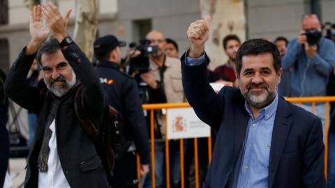 Jordi Cuixart (L), leader of Omnium Cultural, and Jordi Sanchez of the Catalan National Assembly (ANC), arrive to the High Court in Madrid, Spain, October 16, 2017