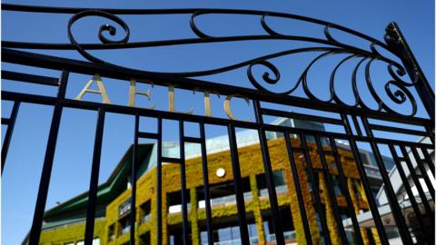 A view from outside the gates of Centre Court at the All England Lawn Tennis Club